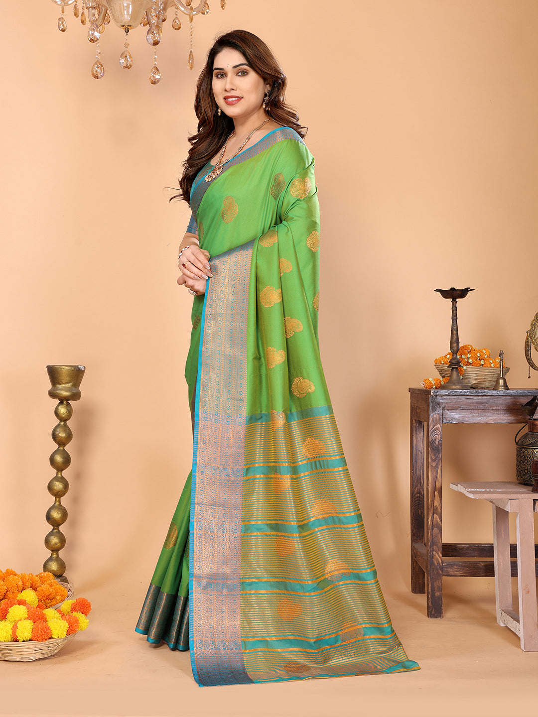 Parrot Green Soft Silk Saree with Sky Blue Zari Border & Traditional Woven Pallu