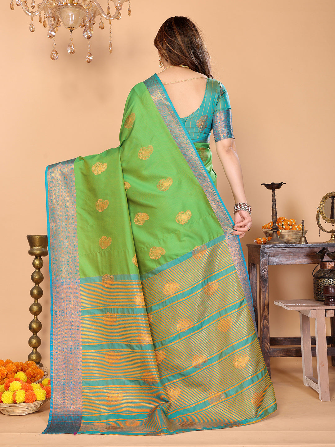 Parrot Green Soft Silk Saree with Sky Blue Zari Border & Traditional Woven Pallu