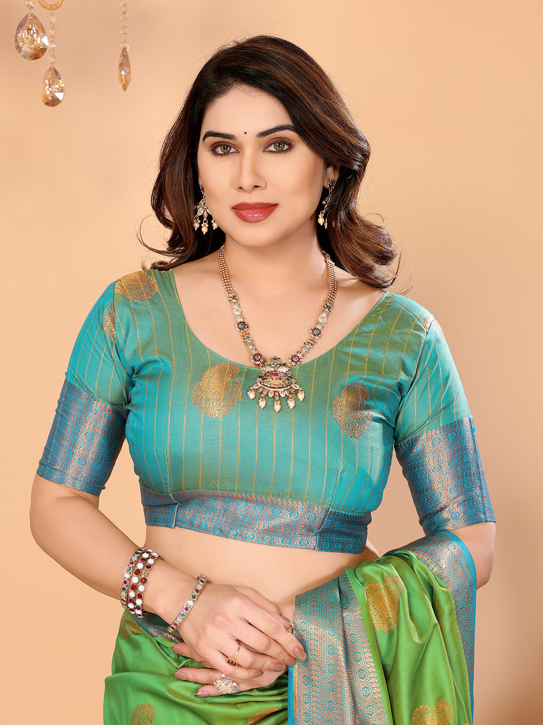 Parrot Green Soft Silk Saree with Sky Blue Zari Border & Traditional Woven Pallu