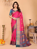 Rani Pink Soft Silk Saree with Peacock Blue Zari Border & Traditional Woven Pallu
