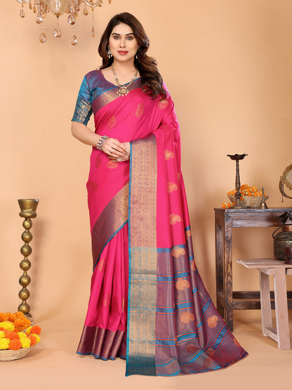 Rani Pink Soft Silk Saree with Peacock Blue Zari Border & Traditional Woven Pallu