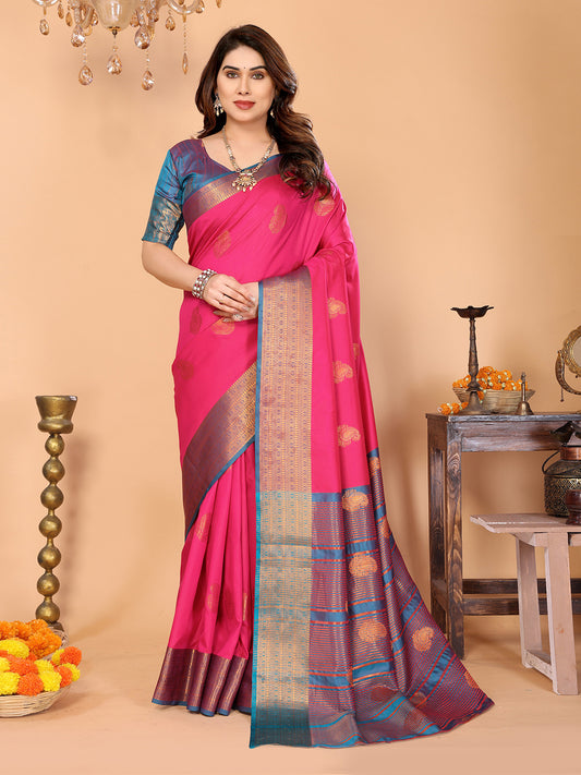 Rani Pink Soft Silk Saree with Peacock Blue Zari Border & Traditional Woven Pallu