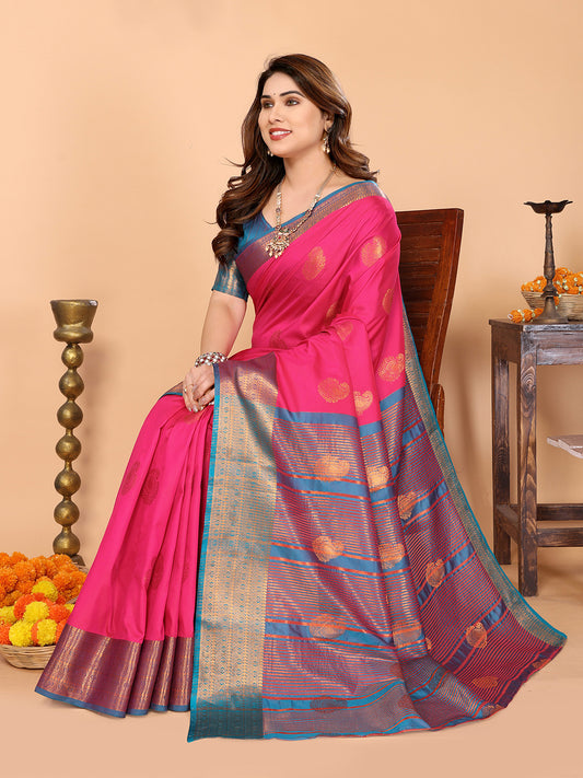 Rani Pink Soft Silk Saree with Peacock Blue Zari Border & Traditional Woven Pallu