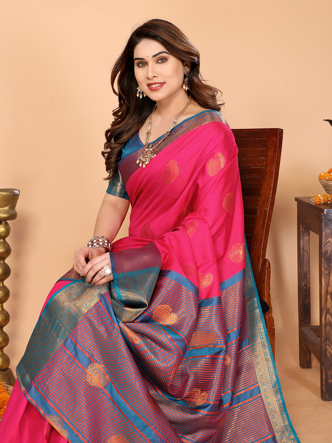 Rani Pink Soft Silk Saree with Peacock Blue Zari Border & Traditional Woven Pallu