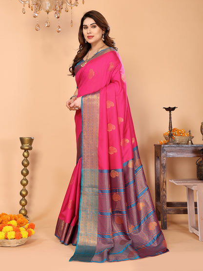 Rani Pink Soft Silk Saree with Peacock Blue Zari Border & Traditional Woven Pallu