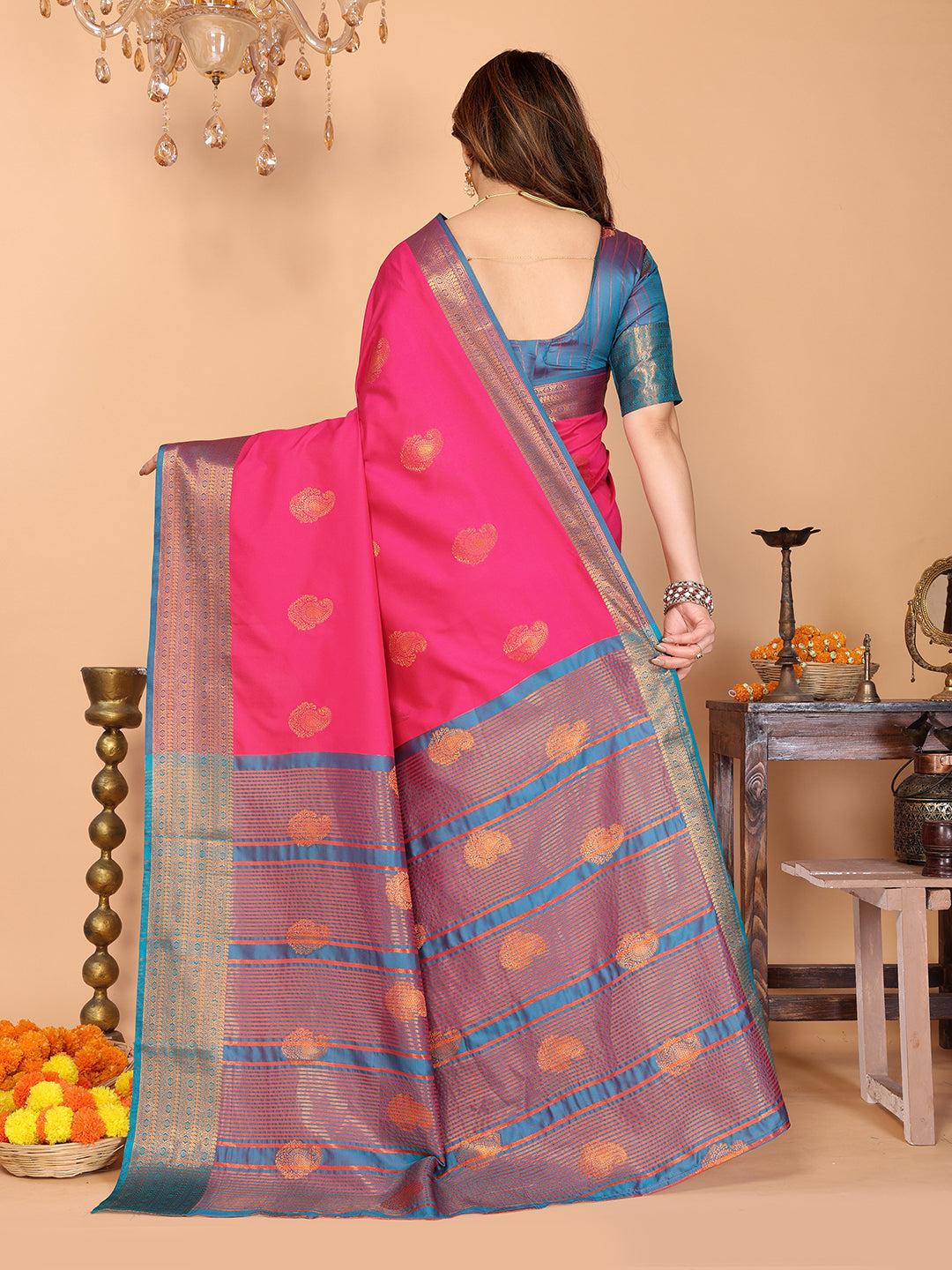 Rani Pink Soft Silk Saree with Peacock Blue Zari Border & Traditional Woven Pallu