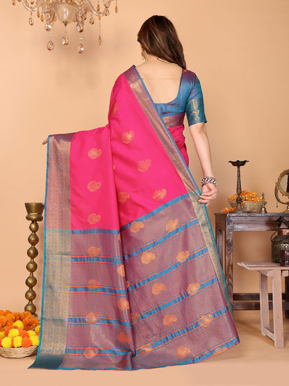 Rani Pink Soft Silk Saree with Peacock Blue Zari Border & Traditional Woven Pallu