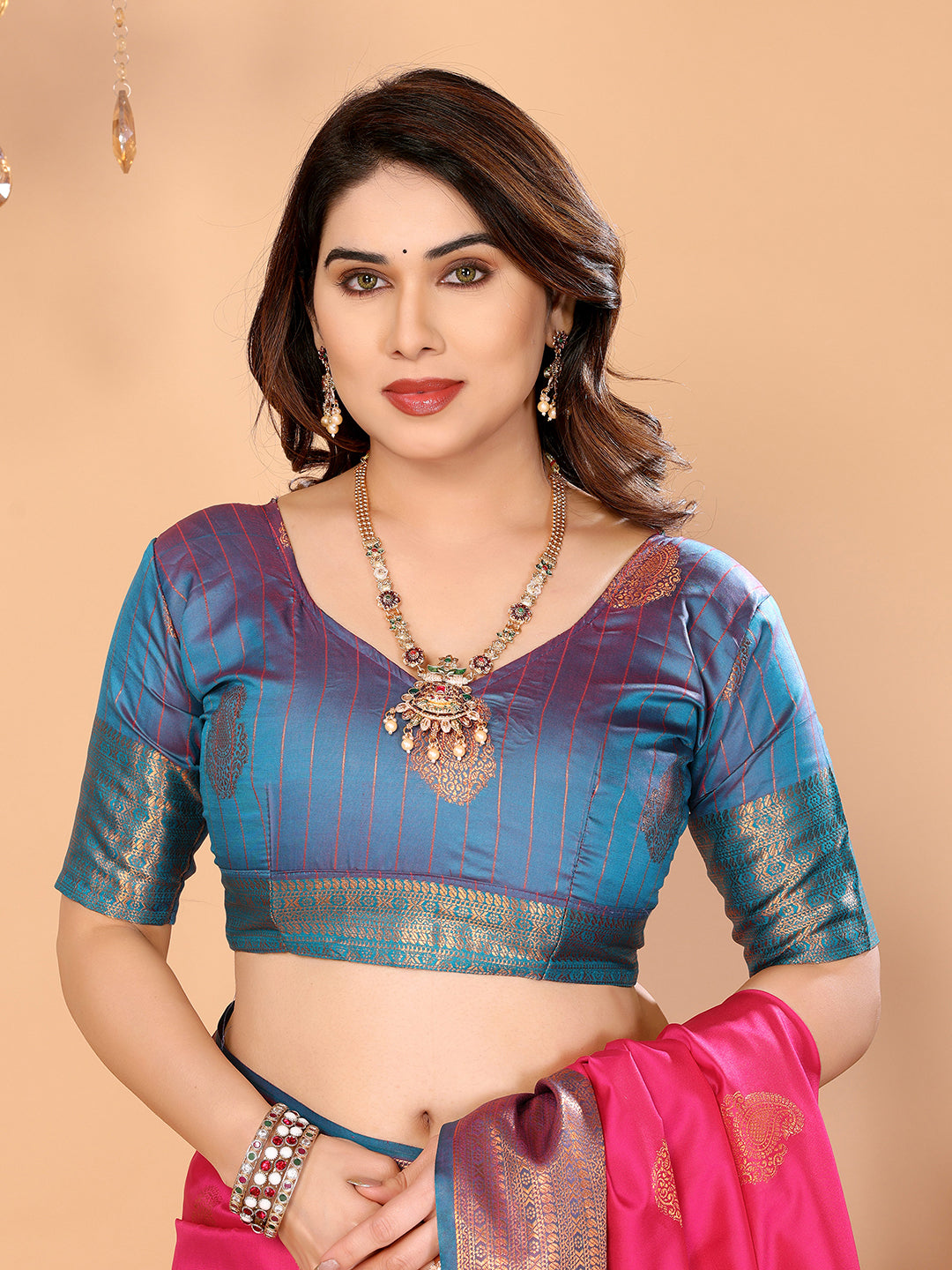 Rani Pink Soft Silk Saree with Peacock Blue Zari Border & Traditional Woven Pallu