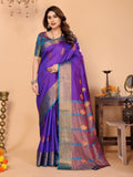 Royal Purple Soft Silk Saree with Peacock Blue Zari Border & Rich Contrast Pallu