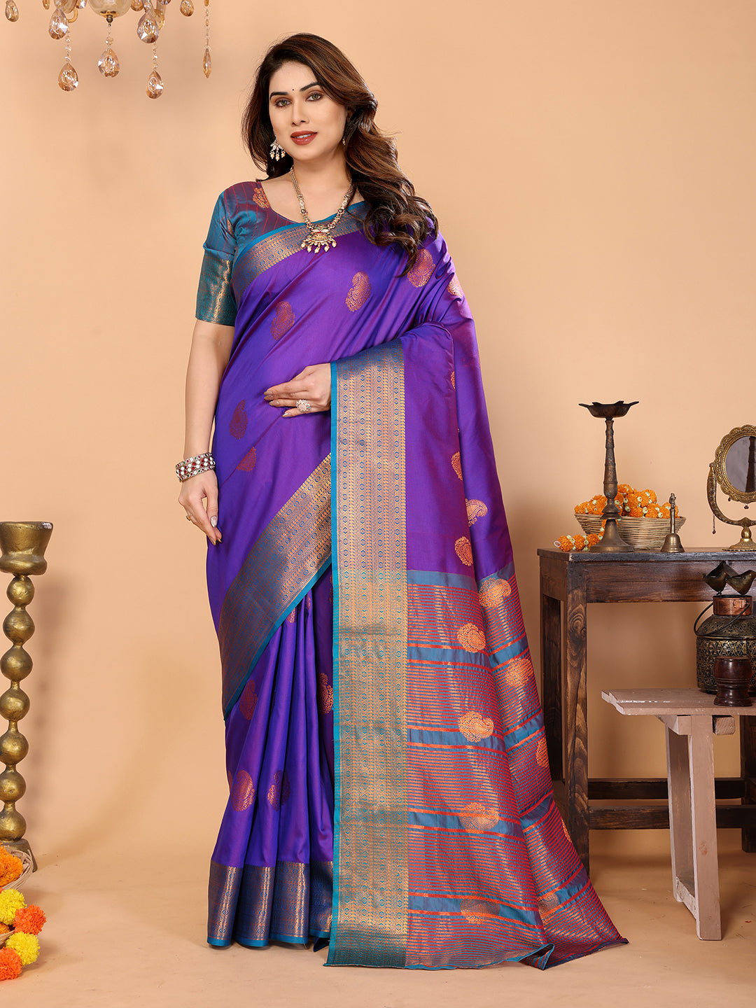 Royal Purple Soft Silk Saree with Peacock Blue Zari Border & Rich Contrast Pallu