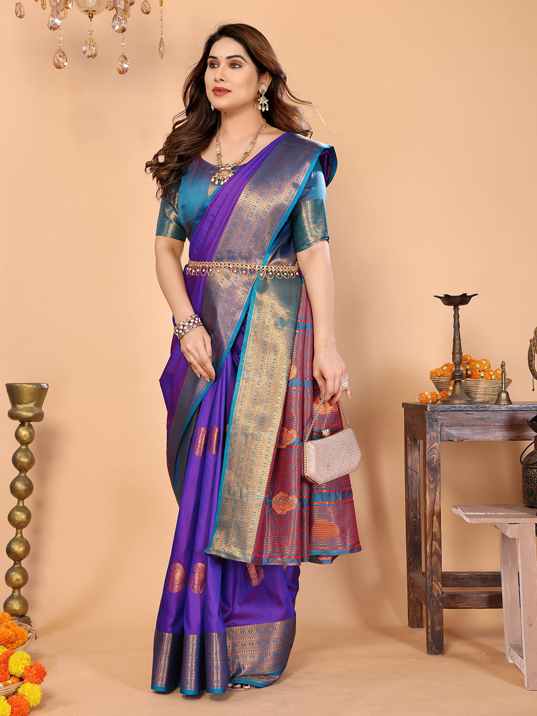 Royal Purple Soft Silk Saree with Peacock Blue Zari Border & Rich Contrast Pallu