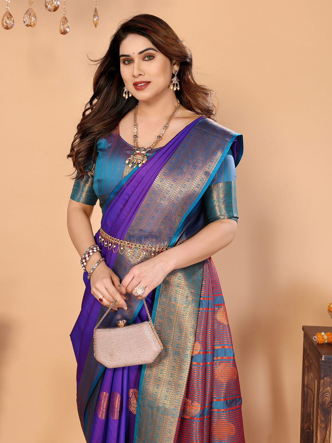 Royal Purple Soft Silk Saree with Peacock Blue Zari Border & Rich Contrast Pallu