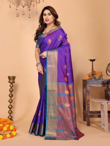 Royal Purple Soft Silk Saree with Peacock Blue Zari Border & Rich Contrast Pallu