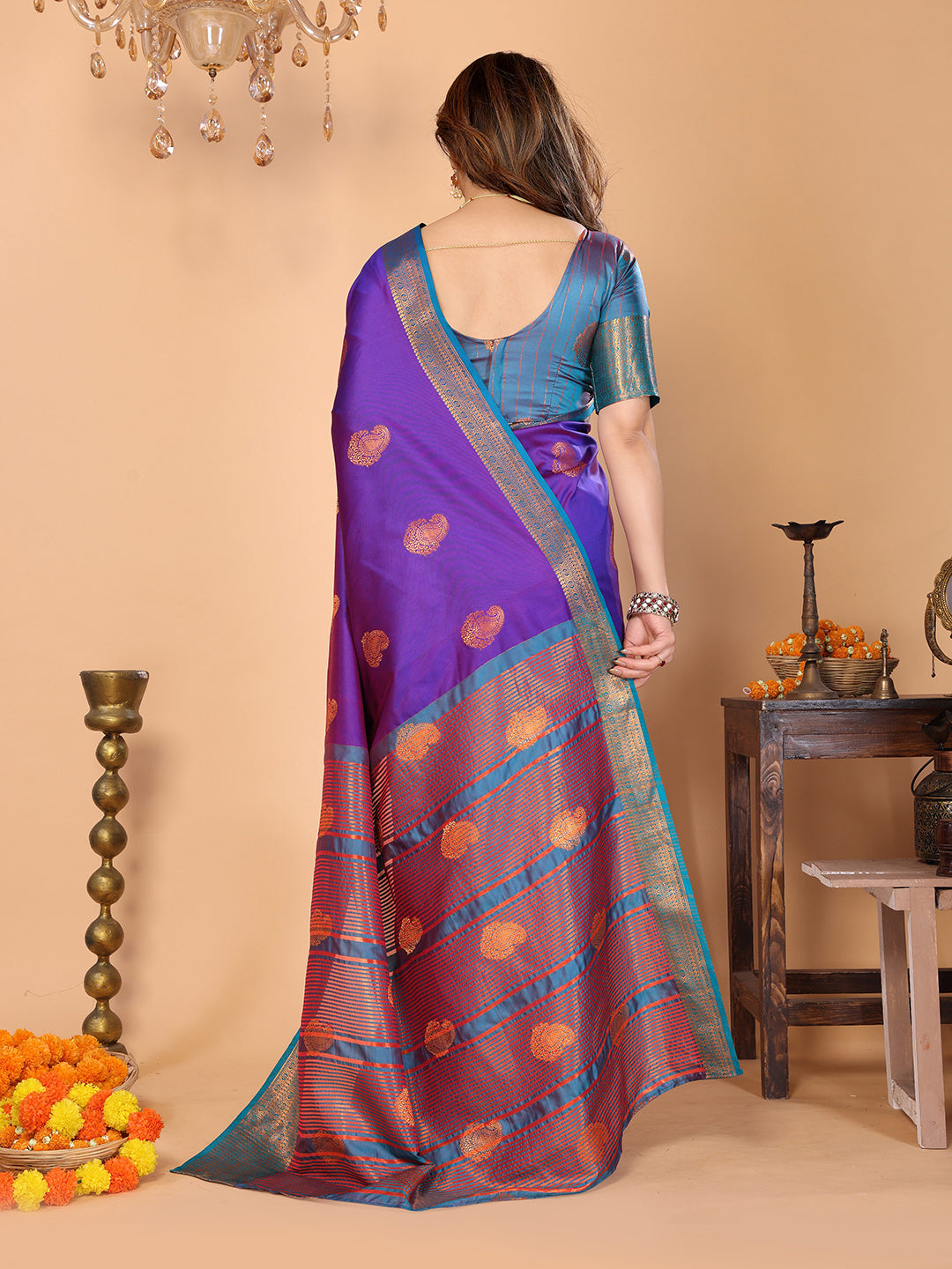 Royal Purple Soft Silk Saree with Peacock Blue Zari Border & Rich Contrast Pallu