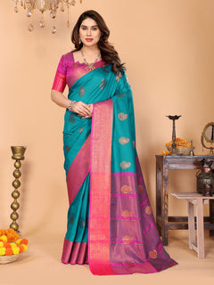 Rama Blue Soft Silk Saree with Rani Pink Zari Border & Rich Contrast Pallu
