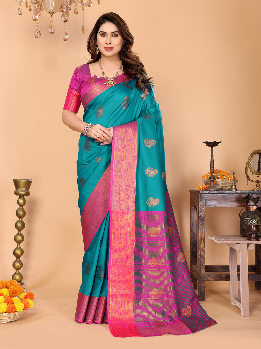 Rama Blue Soft Silk Saree with Rani Pink Zari Border & Rich Contrast Pallu
