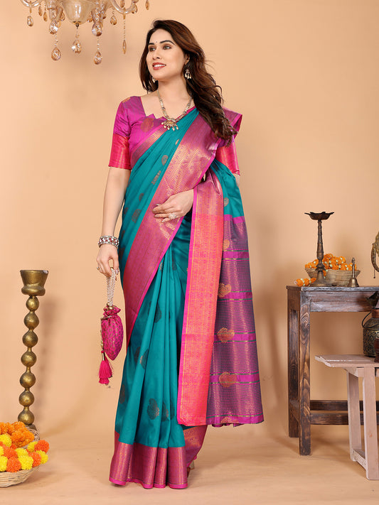 Rama Blue Soft Silk Saree with Rani Pink Zari Border & Rich Contrast Pallu