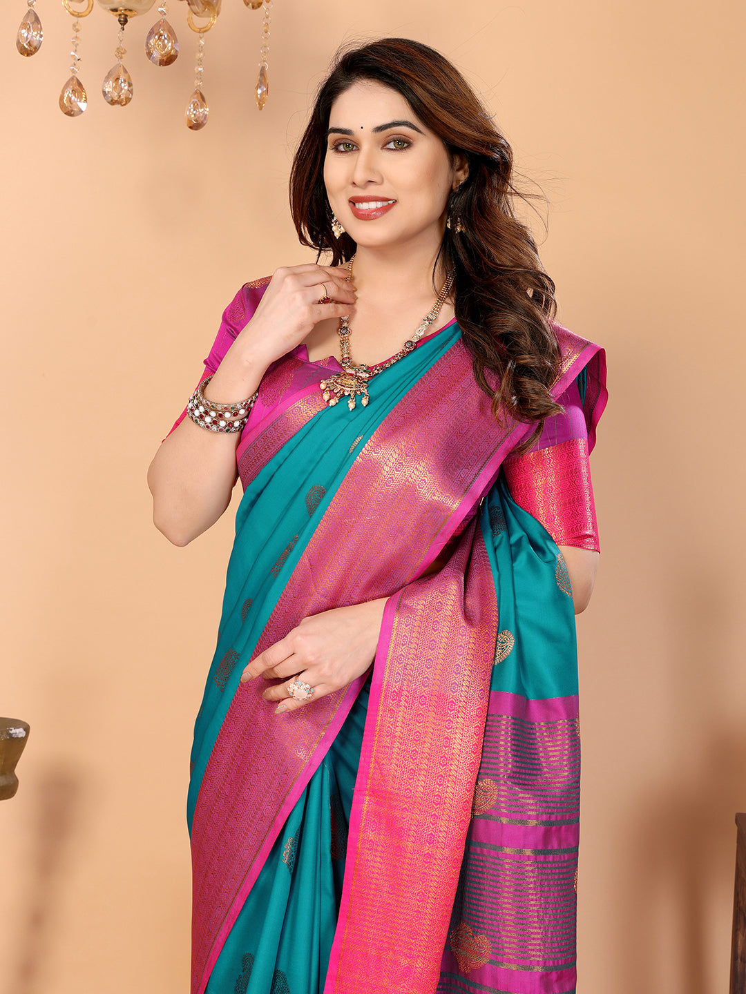 Rama Blue Soft Silk Saree with Rani Pink Zari Border & Rich Contrast Pallu