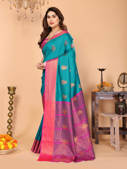 Rama Blue Soft Silk Saree with Rani Pink Zari Border & Rich Contrast Pallu