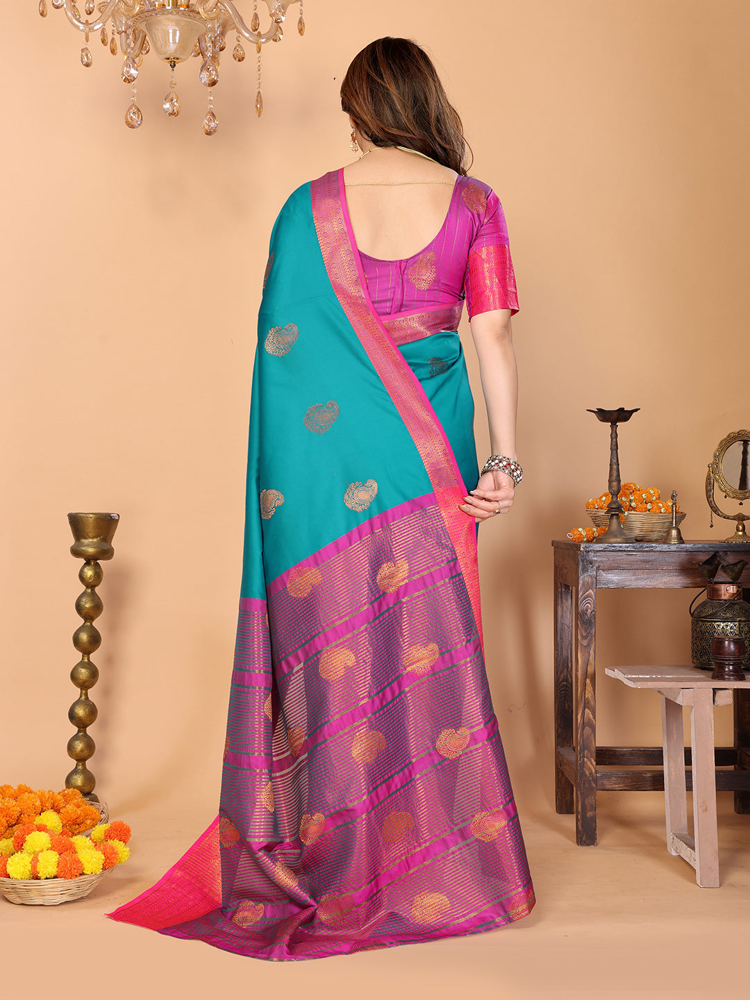 Rama Blue Soft Silk Saree with Rani Pink Zari Border & Rich Contrast Pallu