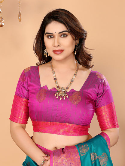 Rama Blue Soft Silk Saree with Rani Pink Zari Border & Rich Contrast Pallu