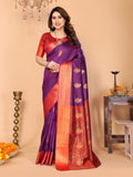 Royal Purple Soft Silk Saree with Coral Red Zari Border & Rich Contrast Pallu