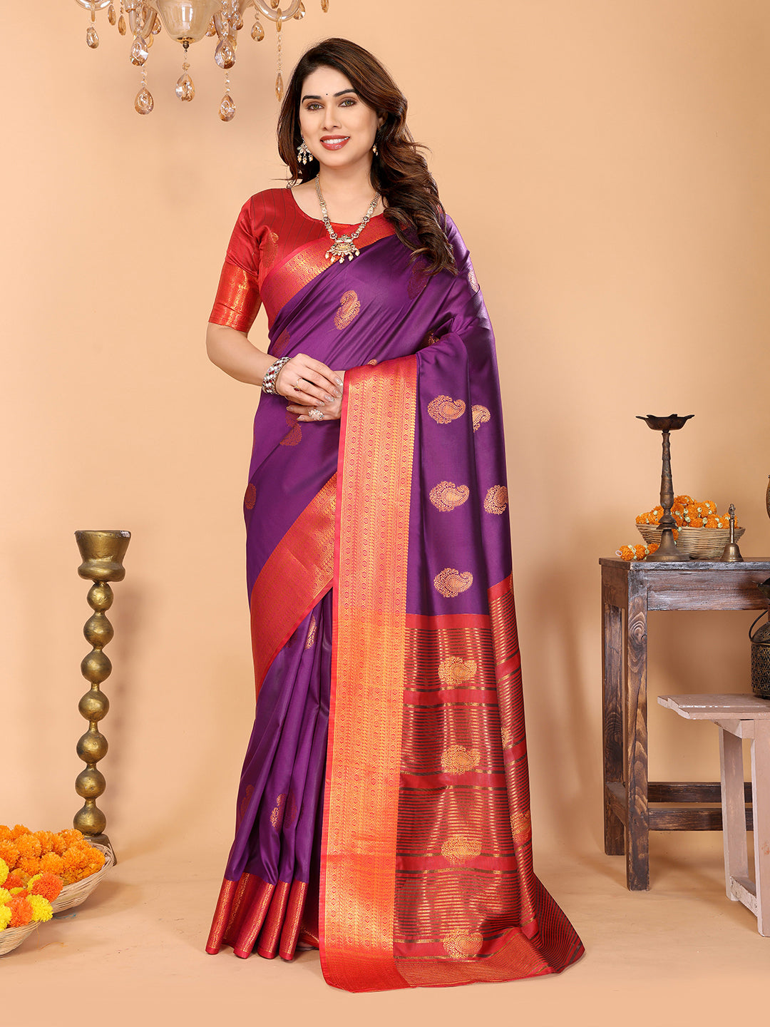 Royal Purple Soft Silk Saree with Coral Red Zari Border & Rich Contrast Pallu