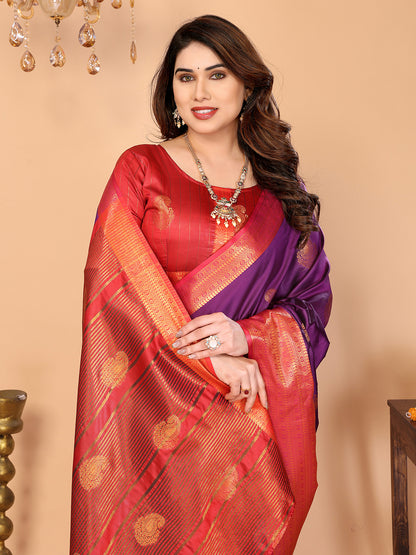 Royal Purple Soft Silk Saree with Coral Red Zari Border & Rich Contrast Pallu