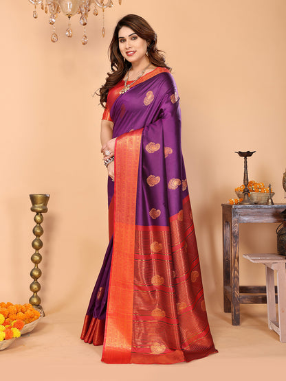 Royal Purple Soft Silk Saree with Coral Red Zari Border & Rich Contrast Pallu