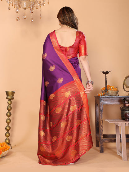 Royal Purple Soft Silk Saree with Coral Red Zari Border & Rich Contrast Pallu