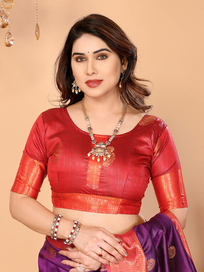 Royal Purple Soft Silk Saree with Coral Red Zari Border & Rich Contrast Pallu