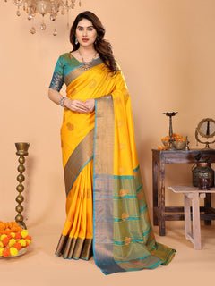 Sunshine Yellow Soft Silk Saree with Teal ZaBlue ri Border