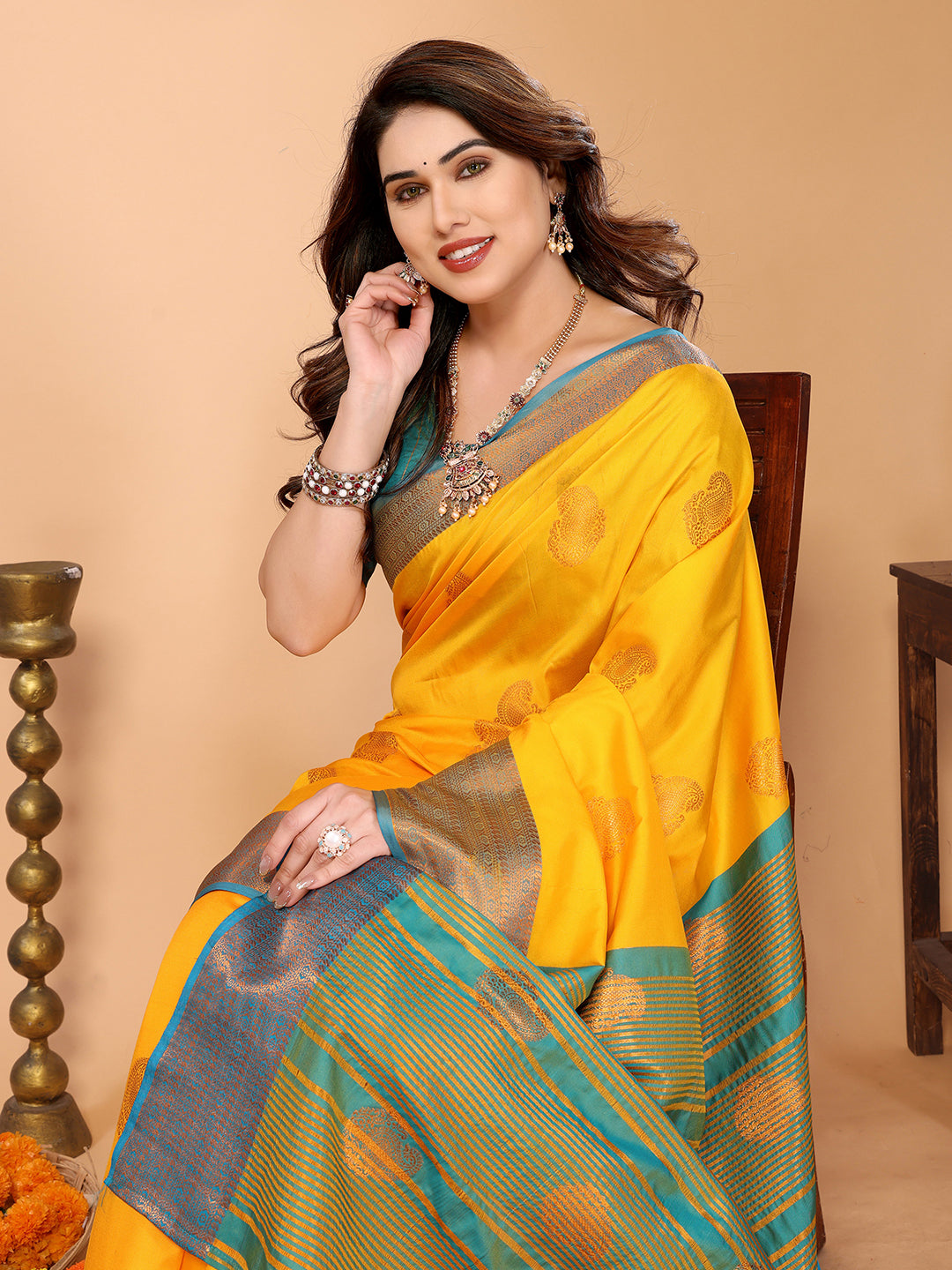 Sunshine Yellow Soft Silk Saree with Teal ZaBlue ri Border