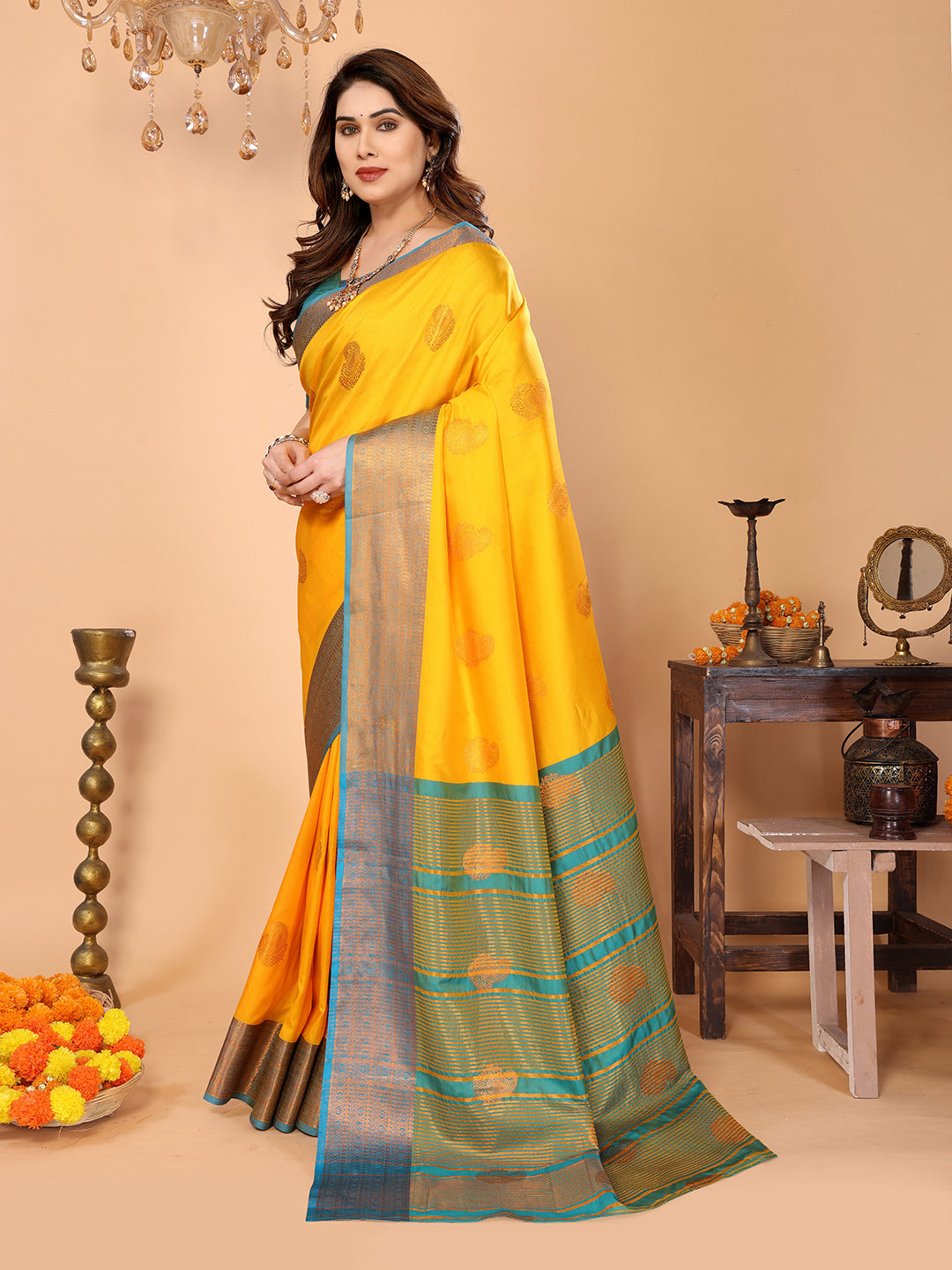 Sunshine Yellow Soft Silk Saree with Teal ZaBlue ri Border