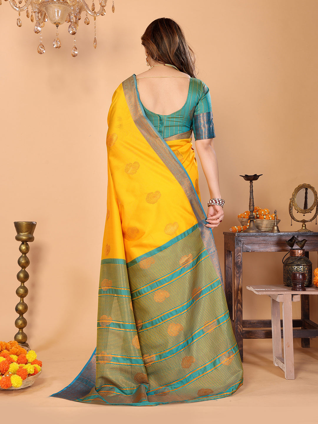 Sunshine Yellow Soft Silk Saree with Teal ZaBlue ri Border