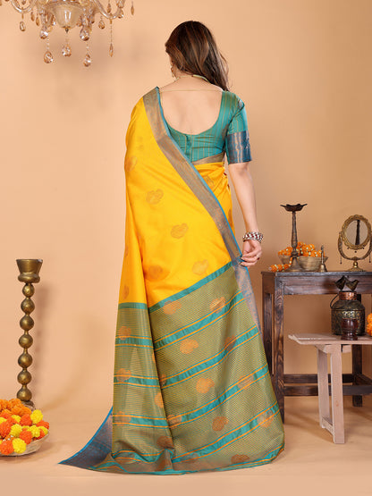 Sunshine Yellow Soft Silk Saree with Teal ZaBlue ri Border