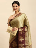Chiku Beige Banarasi Silk Saree with Maroon Leaf Woven Border & Rich Zari Pallu