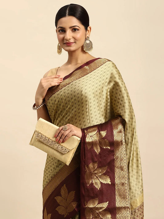 Chiku Beige Banarasi Silk Saree with Maroon Leaf Woven Border & Rich Zari Pallu