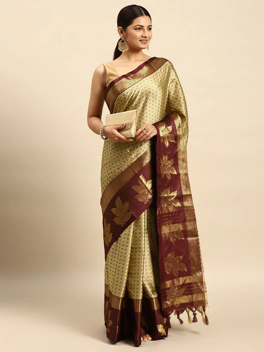 Chiku Beige Banarasi Silk Saree with Maroon Leaf Woven Border & Rich Zari Pallu