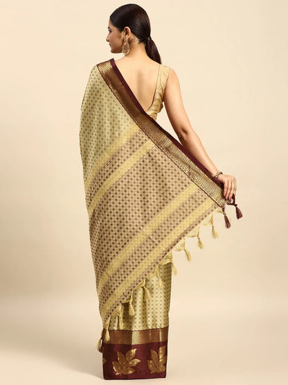 Chiku Beige Banarasi Silk Saree with Maroon Leaf Woven Border & Rich Zari Pallu