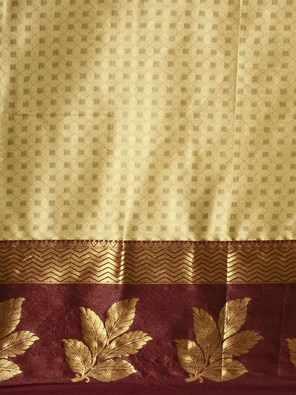 Chiku Beige Banarasi Silk Saree with Maroon Leaf Woven Border & Rich Zari Pallu