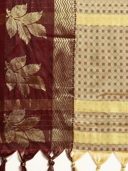 Chiku Beige Banarasi Silk Saree with Maroon Leaf Woven Border & Rich Zari Pallu