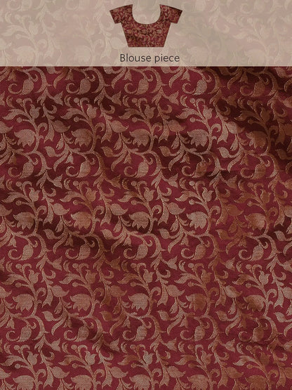 Chiku Beige Banarasi Silk Saree with Maroon Leaf Woven Border & Rich Zari Pallu