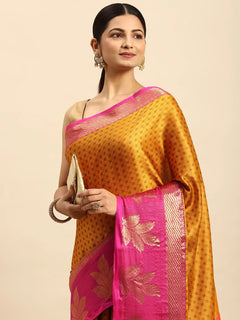 Golden Yellow Banarasi Silk Saree with Rani Pink Leaf Woven Border & Rich Zari Pallu