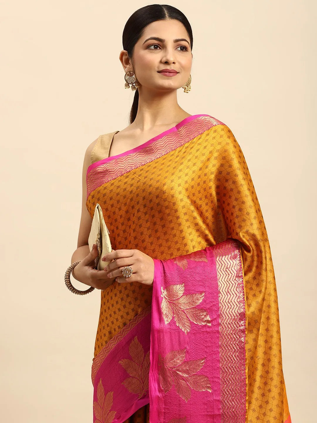 Golden Yellow Banarasi Silk Saree with Rani Pink Leaf Woven Border & Rich Zari Pallu