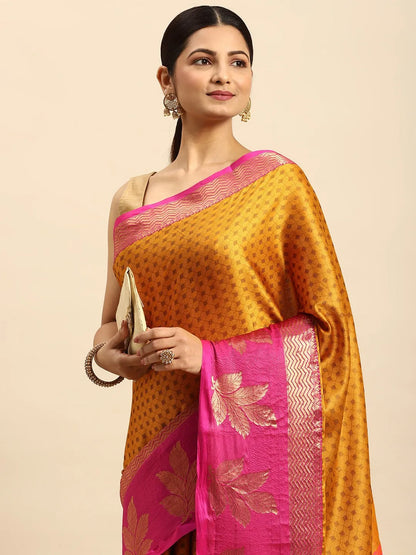 Golden Yellow Banarasi Silk Saree with Rani Pink Leaf Woven Border & Rich Zari Pallu