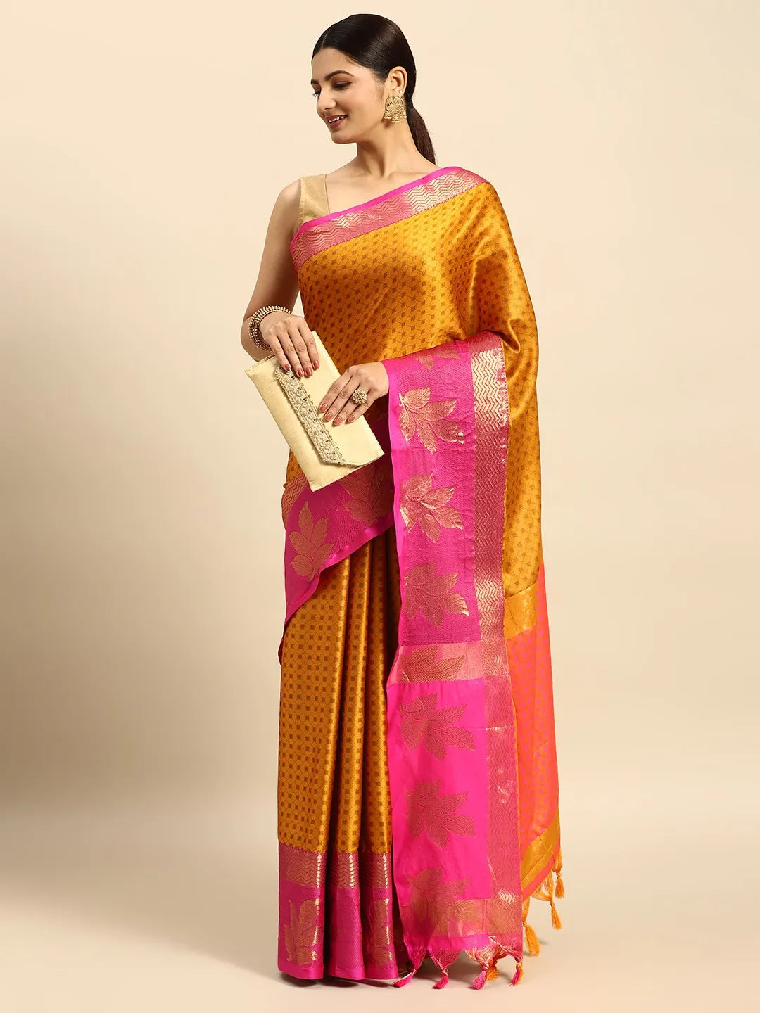 Golden Yellow Banarasi Silk Saree with Rani Pink Leaf Woven Border & Rich Zari Pallu