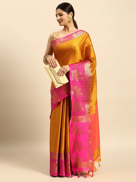Golden Yellow Banarasi Silk Saree with Rani Pink Leaf Woven Border & Rich Zari Pallu