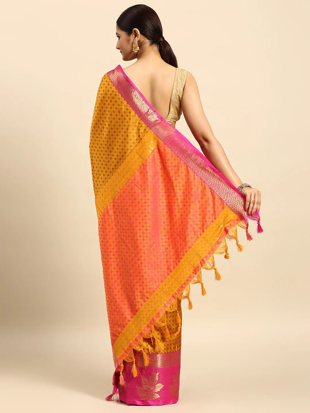Golden Yellow Banarasi Silk Saree with Rani Pink Leaf Woven Border & Rich Zari Pallu