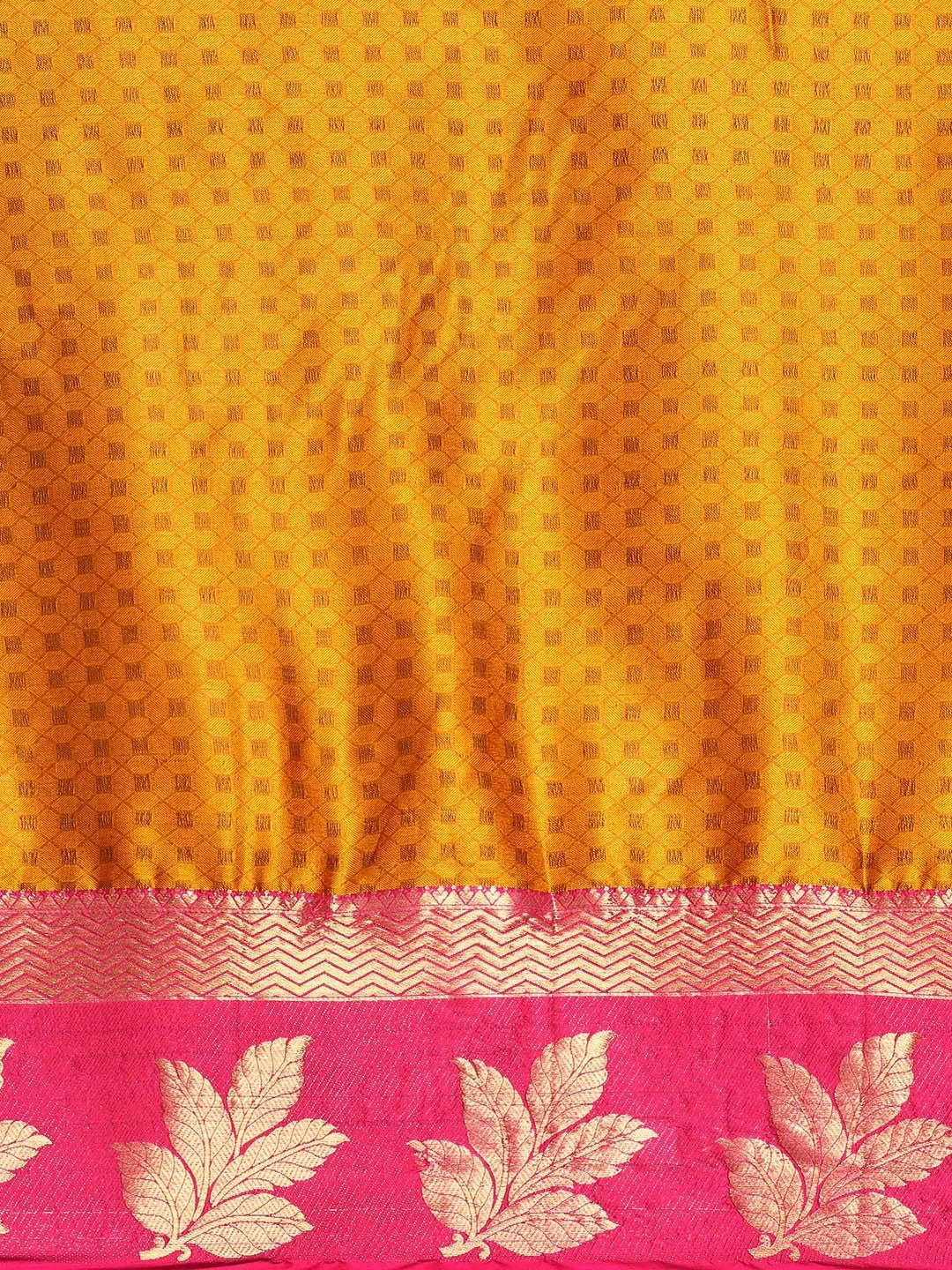 Golden Yellow Banarasi Silk Saree with Rani Pink Leaf Woven Border & Rich Zari Pallu